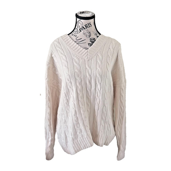 Sunday Best Cable Knit Wool Blend Sweater Ivory V-Neck Pullover SzS SoftNeutral - Picture 2 of 10